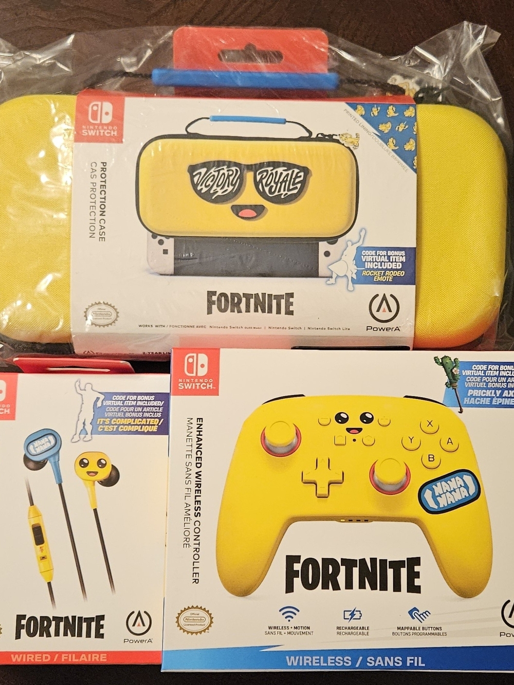 Nintendo Switch Fortnite Yellow Wireless Controller, Carrying Case And Earbuds